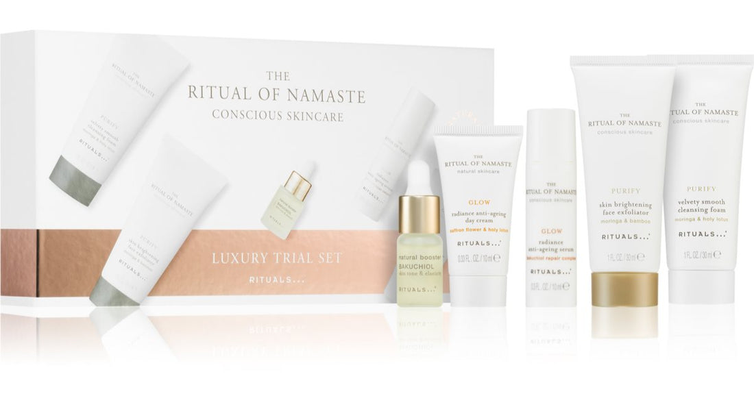 Rituals Rituaali Namasten lahjarasia III. (naisille) kasvojen puhdistuskuorinta 30 ml + kasvojen päiväseerumi 10 ml + Skin Renewal Booster 4 ml + päivävoide 10 ml + puhdistusvaahto 30 ml