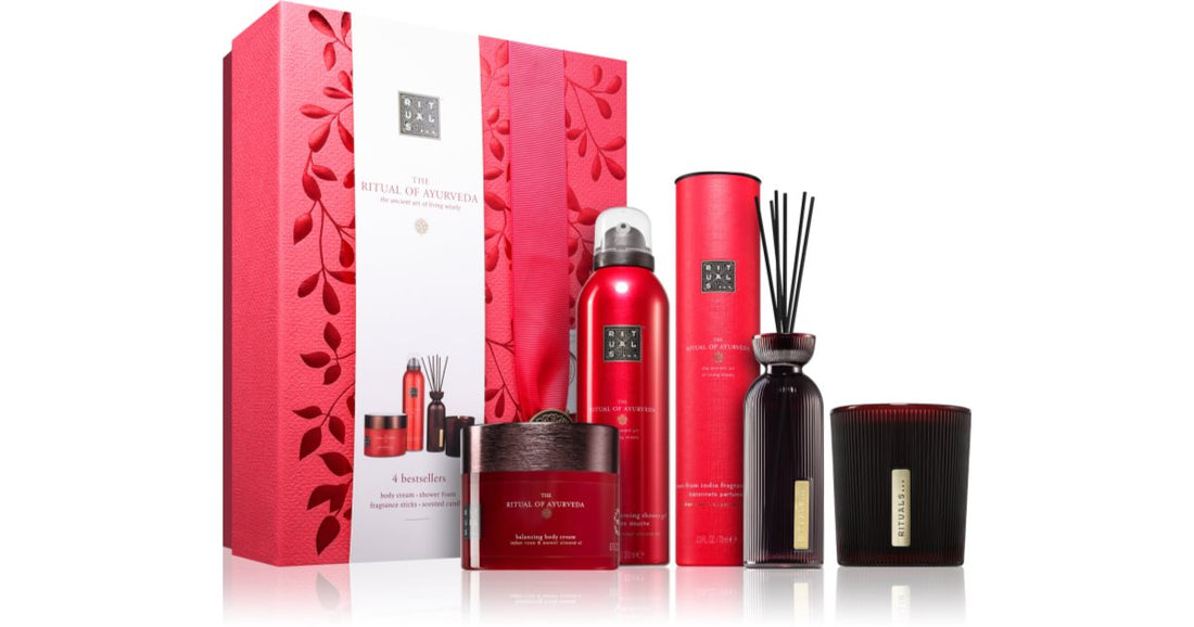 RITUALS The Ritual Of Ayurveda presentset för kvinnor duschskum 200 ml + delikat kroppskräm 200 ml + doftljus 140 g + aromspridare med påfyllning 70 ml