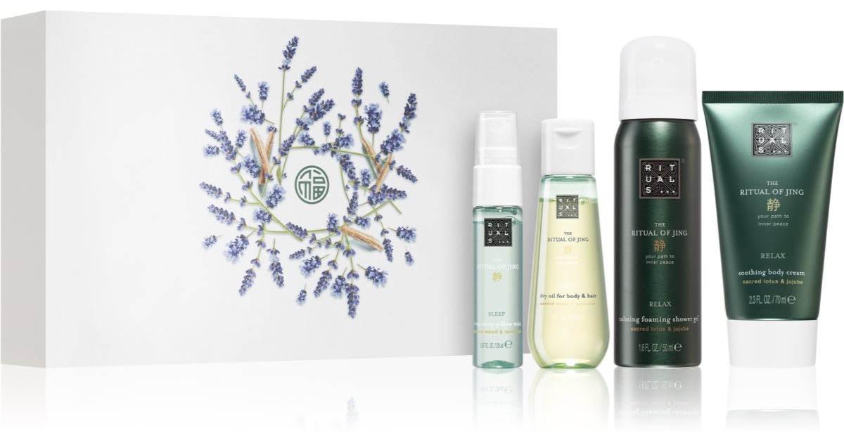 Rituals The Ritual Of Jing confezione regalo da donna spray per cuscino 20 ml + olio secco per capelli e corpo 50 ml + doccia schiuma 50 ml + crema corpo 70 ml