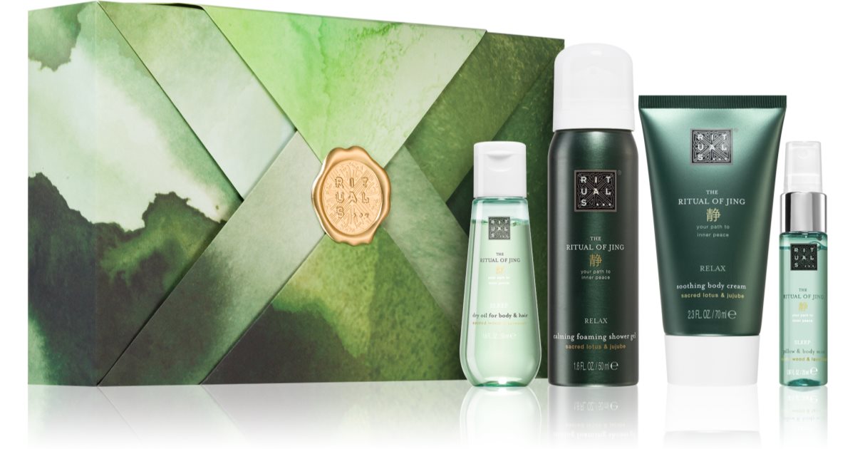 Rituals Set cadou pentru femei The Ritual Of Jing spuma de dus 50 ml + crema de corp 70 ml + ulei de corp uscat 50 ml + spray de corp cu fructe exotice 20 ml