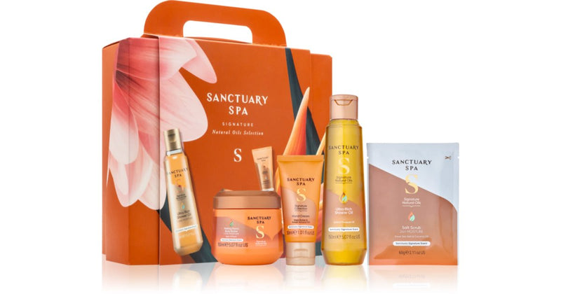 Sanctuary Spa Signature סט מתנה לבחירת שמנים טבעיים חמאת גוף מזינה 150 מ"ל + קרם ידיים 30 מ"ל + שמן מקלחת 150 מ"ל + קרצוף מלח מזין ולחות 60 גרם