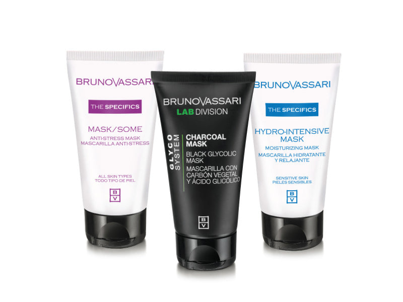 Multimasking Set Bruno Vassari: The Specifics Maschera Moisturizing Face Cream 50 ml + Maschera Anti-Stress Day & Night Cream Vitamin A Face 50 ml + Glyco System Maschera Glycolic Acid Detox Face Cream 65 g