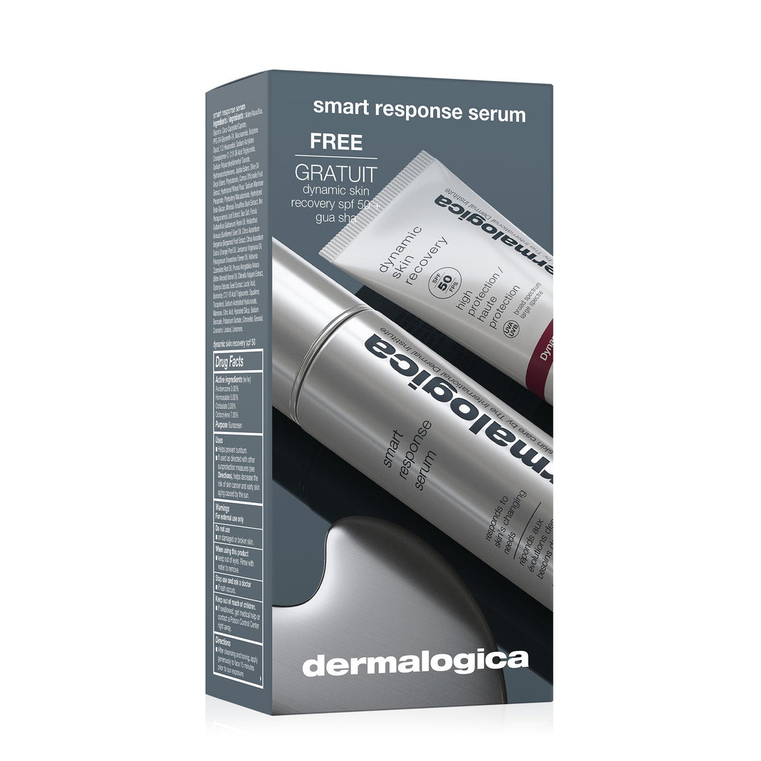 Sæt Dermalogica: Smart Response udglatter/opstrammer &amp; fugter Parabenfrit dagserum til ansigtet 30ml + Dynamic Skin Moisturizing Cream For Face SPF 50 7ml + Lifting Gua Sha Facial Massage Stone