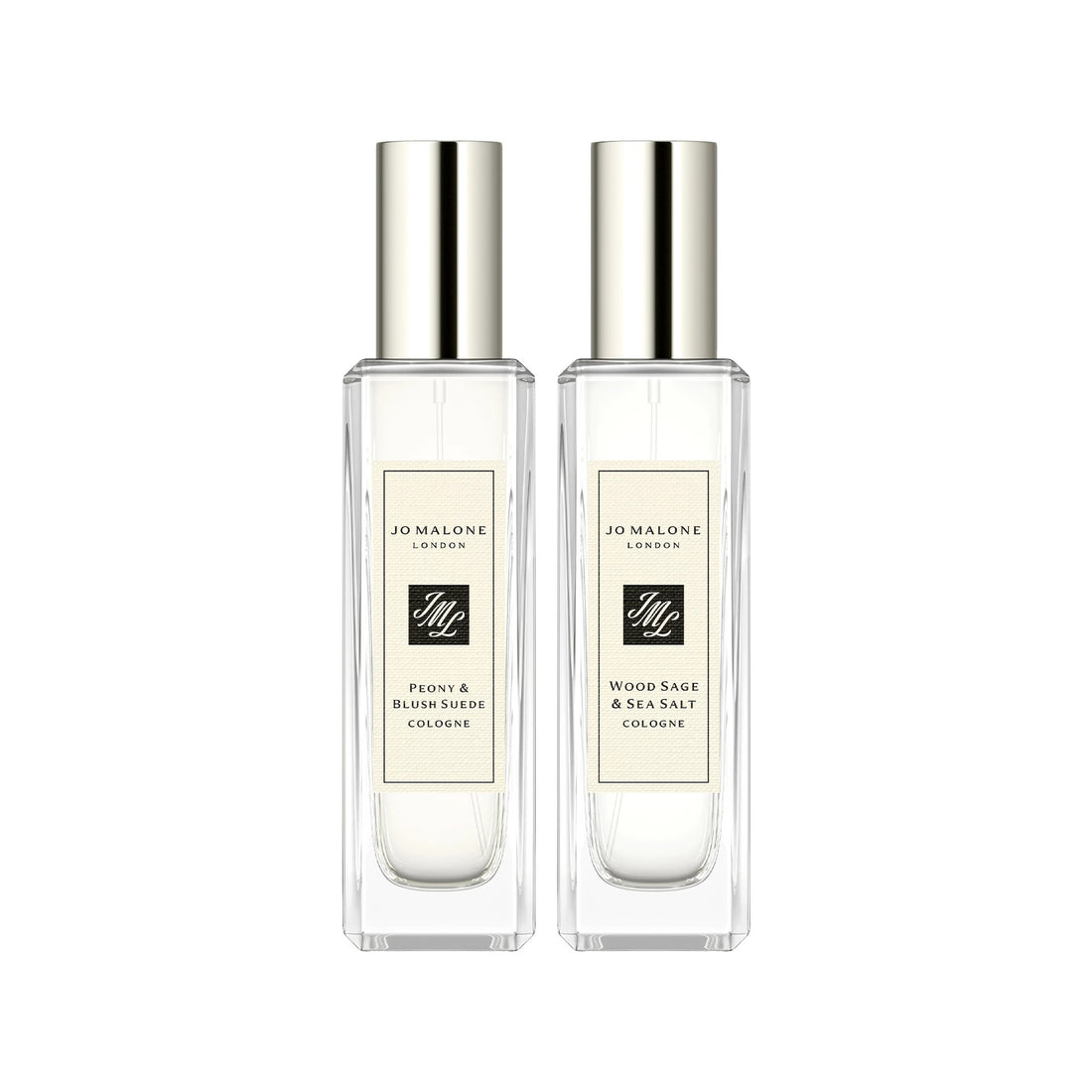 Jo Malone Sett: Peony &amp; Blush Suede Eau De Cologne for kvinner 30ml + Wood Sale &amp; Sea Salt Eau De Cologne Unisex 30ml