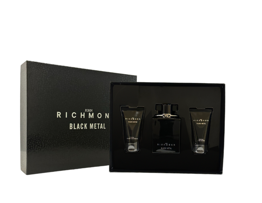 Set John Richmond: Gel Doccia Detergente Naturale in Metallo Nero 50 ml + Lozione Corpo in Metallo Nero 50 ml + Eau De Parfum in Metallo Nero 100 ml