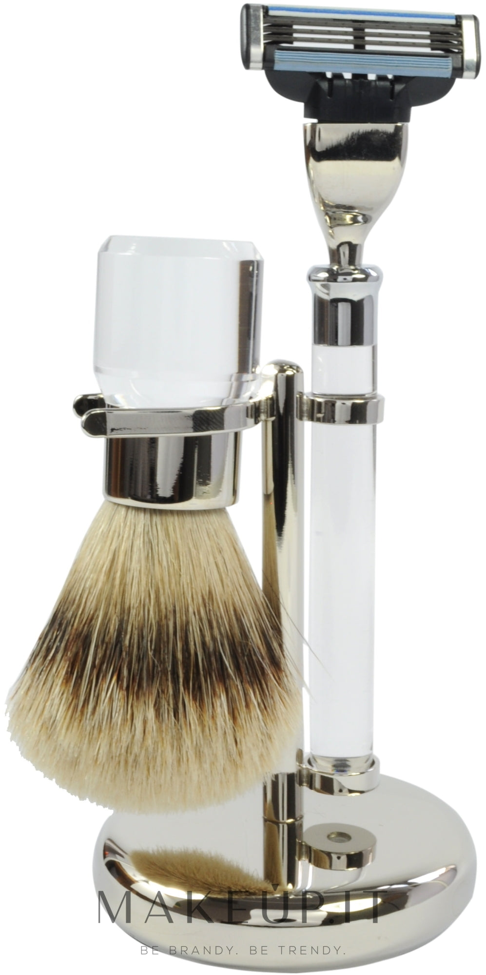Set da barba Golddachs Silver Tip Badger, Mach3 Metal Chrome Acrylic Silver (sh/brush + razor + stand)