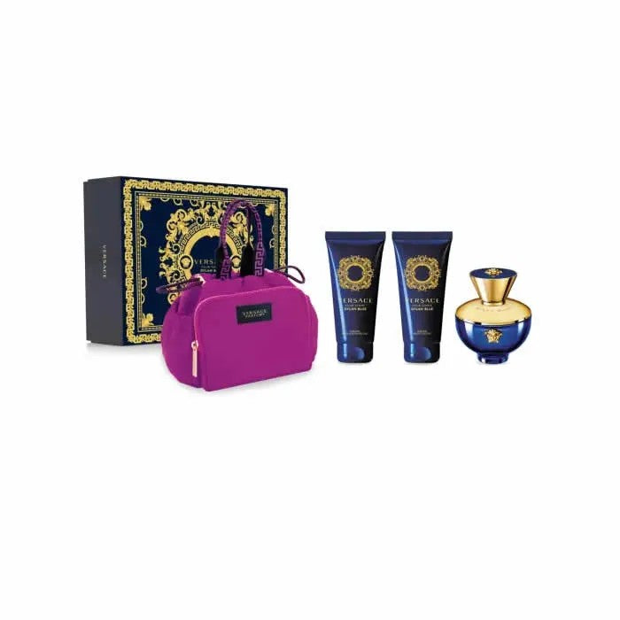 Versace 딜런 블루 뿌르 팜므 선물 세트 오드퍼퓸 100ml, 바디로션 100ml, 샤워젤 100ml, 파우치 - 100ml 