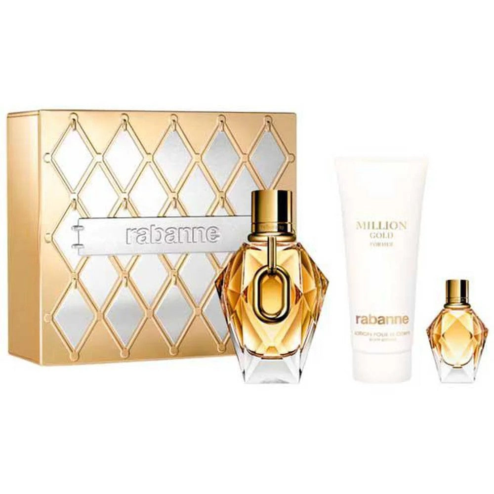 Paco Rabanne Million Gold For Her Eau de Parfum uudelleentäytettävä 90 ml, Kehävoide 100 ml, Eau de Parfum 10 ml 