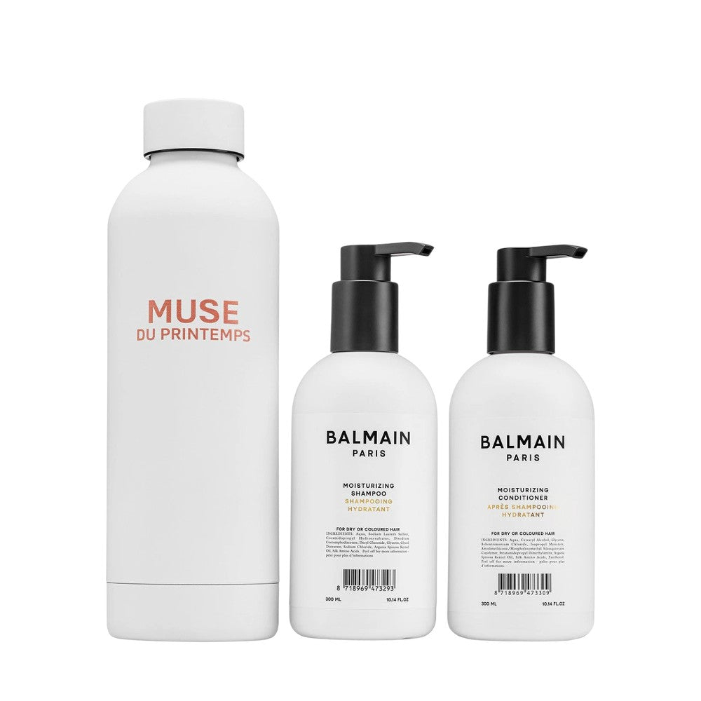 Set Balmain Professionnel: アルガンオイル配合の保湿シャンプー 300 ml + 保湿コンディショナー 300 ml + 白いステンレス製ボトル 