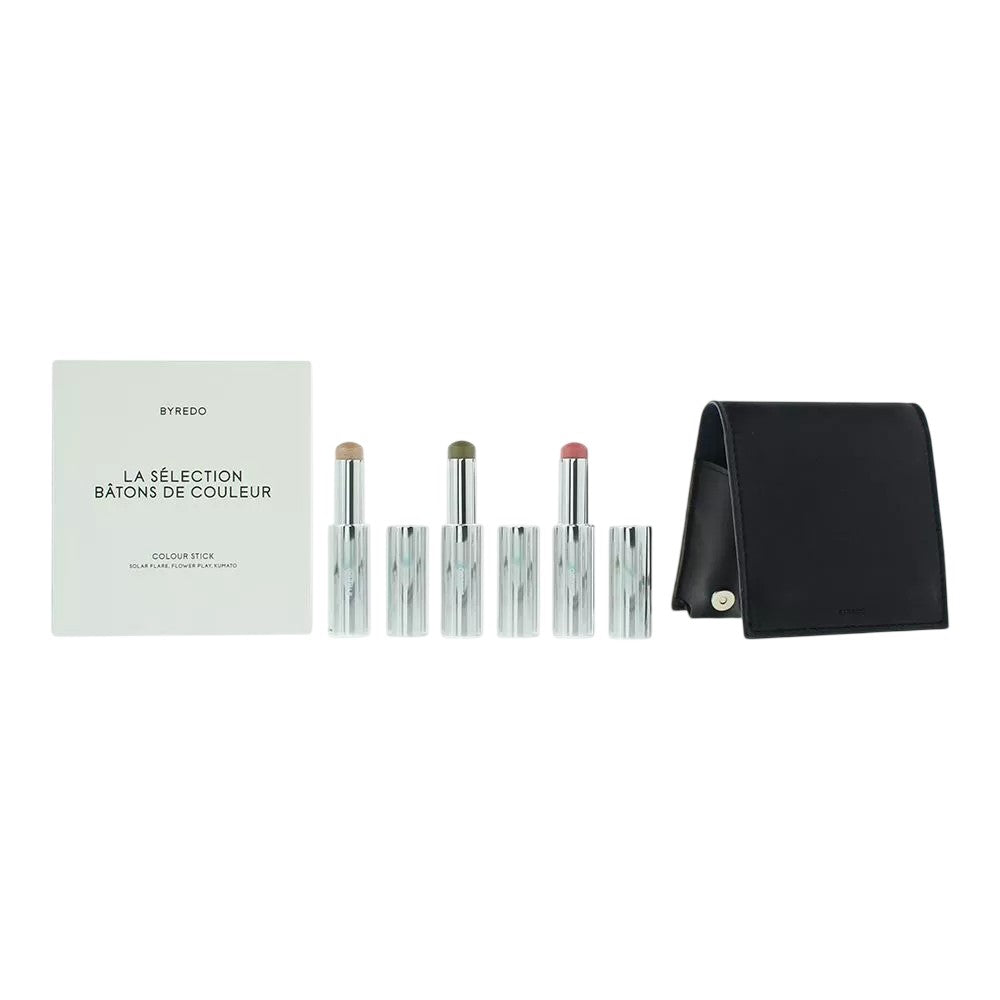 Set Bleu Foncé Byredo : Ombre à paupières 509 Solar Flare 3,5 g + Ombre à paupières Kumato Face 3,5 g + Ombre à paupières en Stick Flower Play 3,5 g + Étui en Cuir 