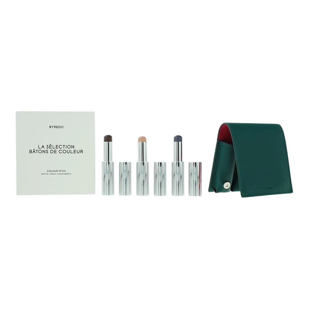 סט Byredo Deep Teal: צללית סטיק 509 Solar Flare 3,5 g + צללית Colour Stick Kumato 3,5 g + צללית Colour Stick Flower Play 3,5 g + נרתיק עור 