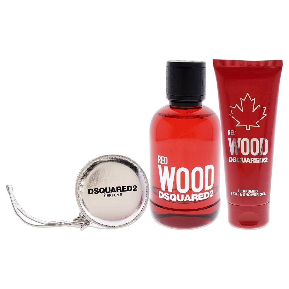 Zestaw Dsquared 2: Red Wood Eau De Toilette dla kobiet 100 ml + Red Wood Gel &amp; Shampoo 2 in 1 100 ml + Dsquared srebrna kosmetyczka 