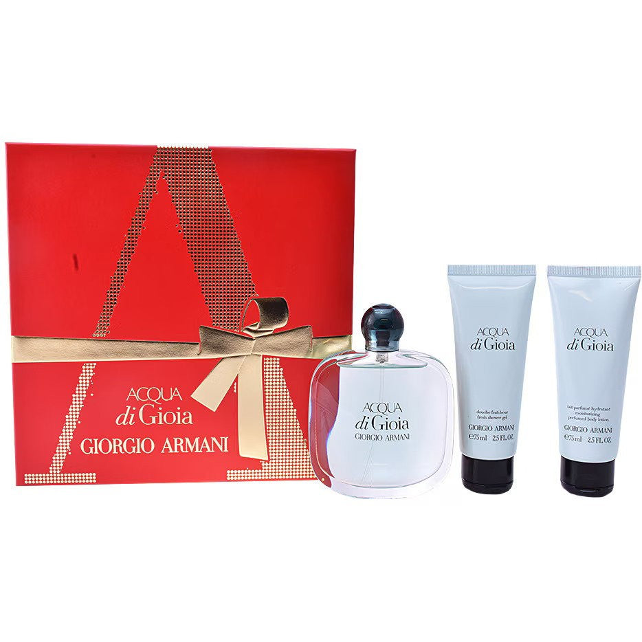 Sett Giorgio Armani : Acqua di Gioia Eau De Parfum 100 ml + Acqua di Gioia kroppslotion 75 ml + Acqua di Gioia dusjgelé 75 ml 