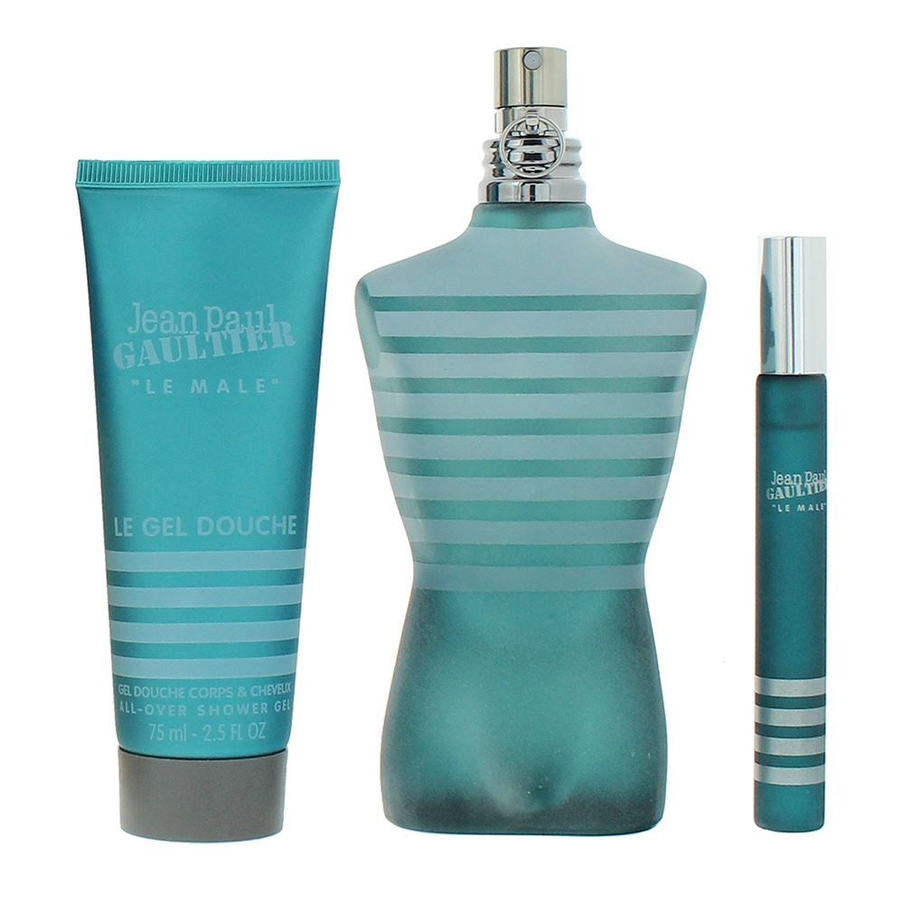 طقم Jean Paul Gaultier: Le Male Eau de Toilette للرجال 125 مل + Le Male Eau de Toilette للرجال 10 مل + Le Male جل استحمام منظف لجميع أنواع البشرة 75 مل 