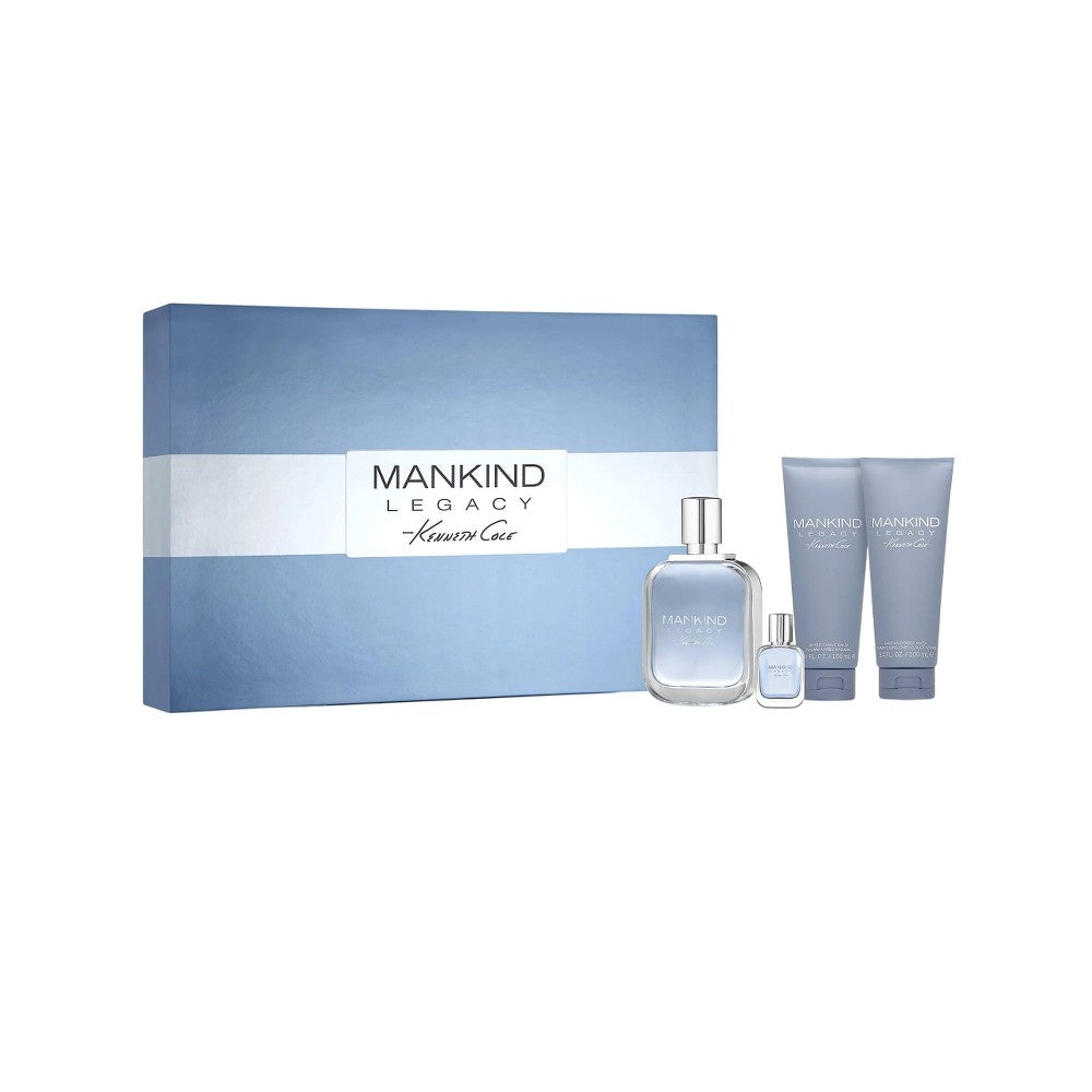 طقم Kenneth Cole: Mankind Legacy Eau De Toilette 100 مل + Mankind Legacy بلسم بعد الحلاقة 100 مل + Mankind Legacy جل استحمام وشامبو 2 في 1 100 مل + Mankind Legacy Eau De Toilette 15 مل 