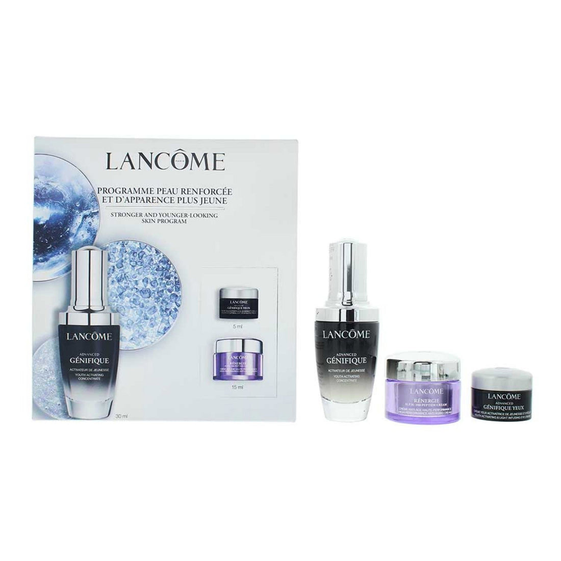 Lancôme 세트: 얼굴용 안티에이징 세럼 anti-età Advanced Genifique 30 ml + 얼굴용 안티에이징 크림 Rénergie HPN 300-Peptide 15 ml + Advanced Genifique 아이 컨투어용 보습 크림 5 ml 