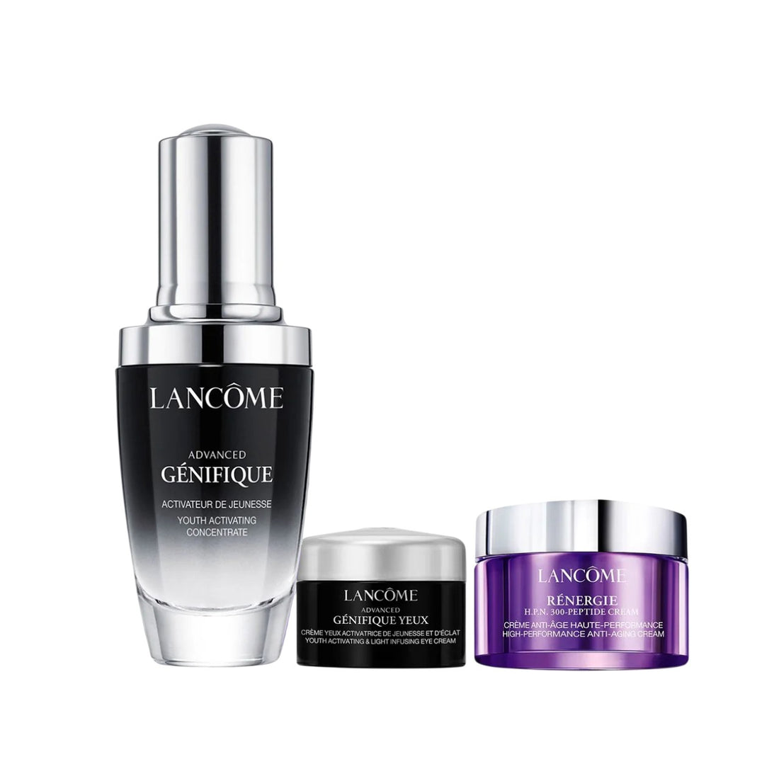 Lancome 세트 Lancome: Advanced Genifique Anti-에이징 세럼 포 페이스 20 ml + Advanced Genifique 하이드레이션 아이 크림 5 ml + Rénergie HPN 300-Peptide Anti-에이징 크림 포 페이스 15 ml 