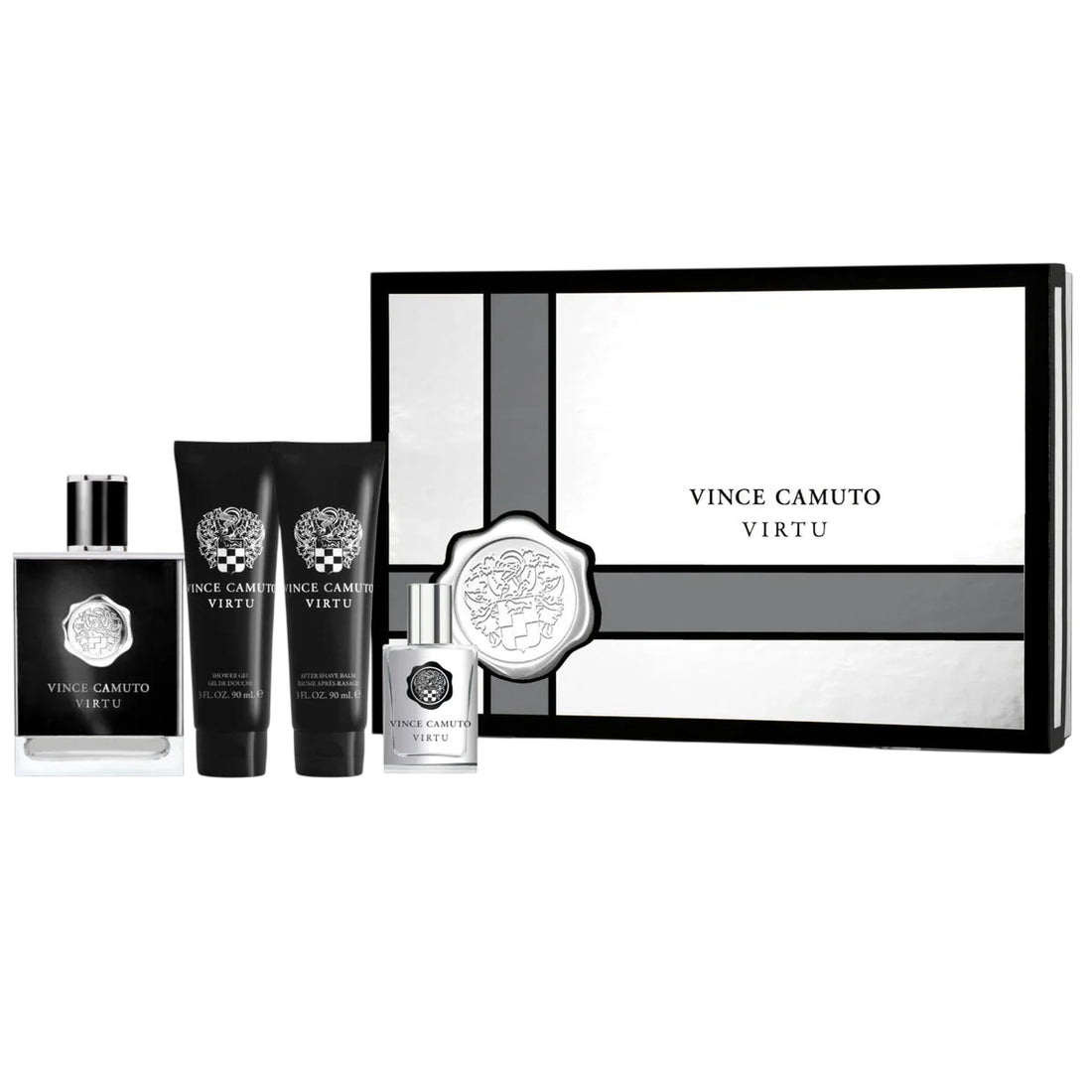 Vince camuto Set Vince Camuto: Virtu Eau De Toilette för män 100 ml + Virtu Eau De Toilette för män 15 ml + Virtu Moisturizing After-Shave Balm 90 ml + Virtu Shower Gel Body 90 ml 