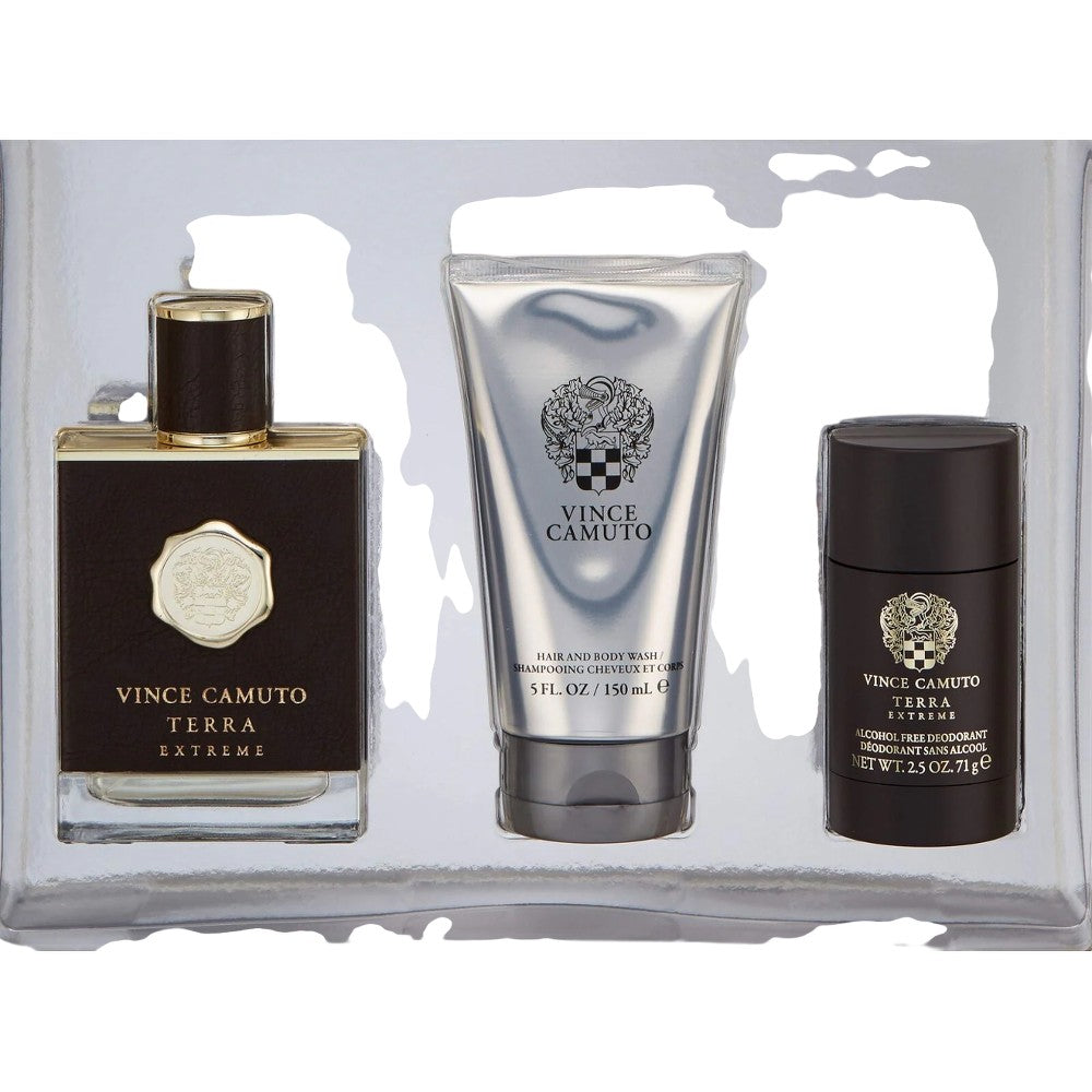 Presentförpackning Vince Camuto: Terra Extreme Eau De Toilette Uomo 100 ml + Terra Extreme antiperspirant deodorantstick för män 71 g + Terra Extreme Shower Gel &amp; Shampoo 2 in 1 150 ml 