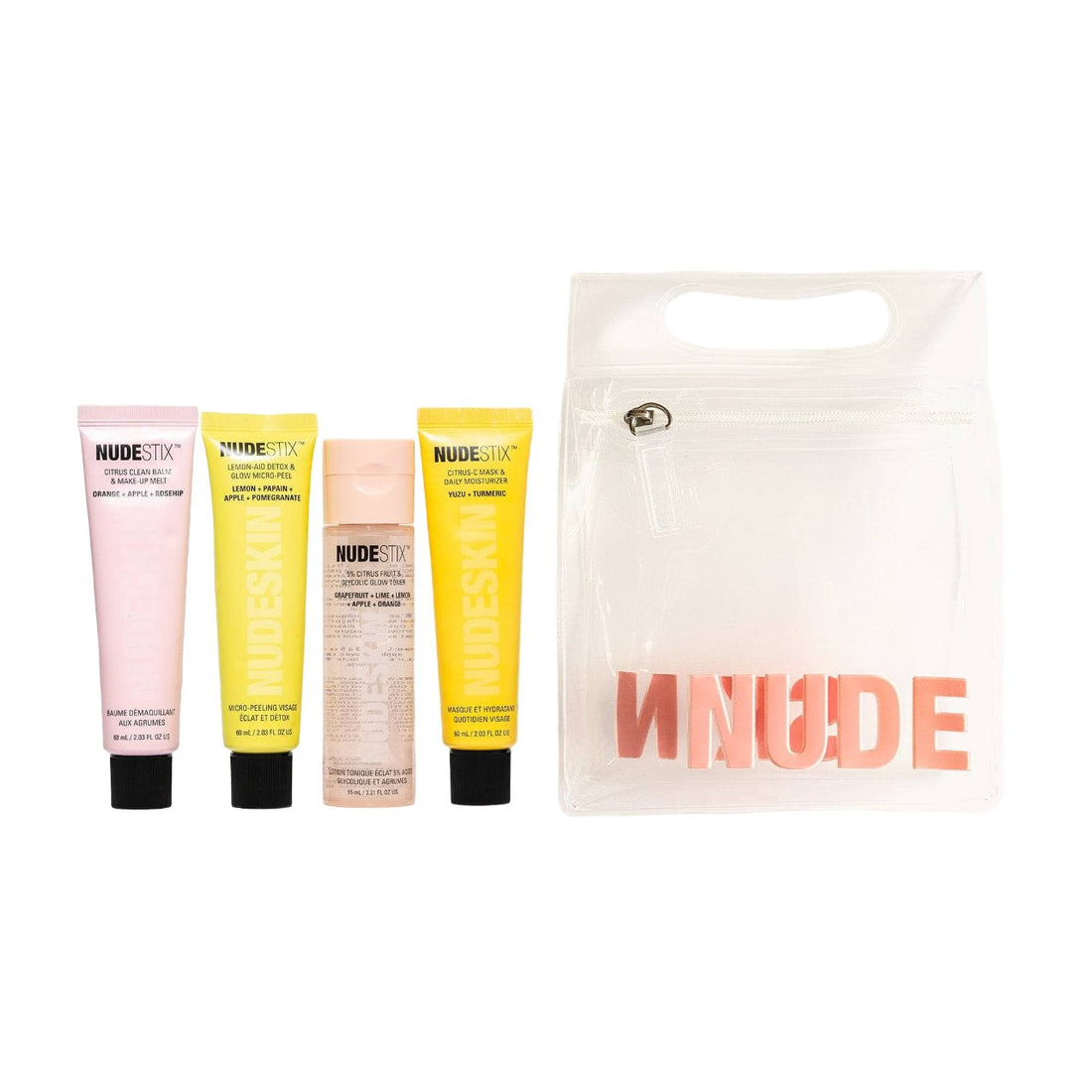 Sæt Nudestix: maschera peel-off detox ansigtsmaske 60 ml + citrus rensebalsam 60 ml + maschera dag- og natfugtgiver 60 ml + oplysende tonic 5% 95 ml 