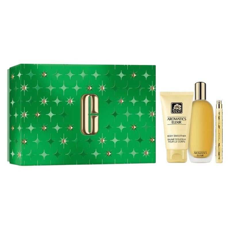 Coffret presente Clinique Aromatics Elixir Eau de Parfum 100 ml, loção corporal 75 ml e miniatura Eau de Parfum 10 ml 100ml 