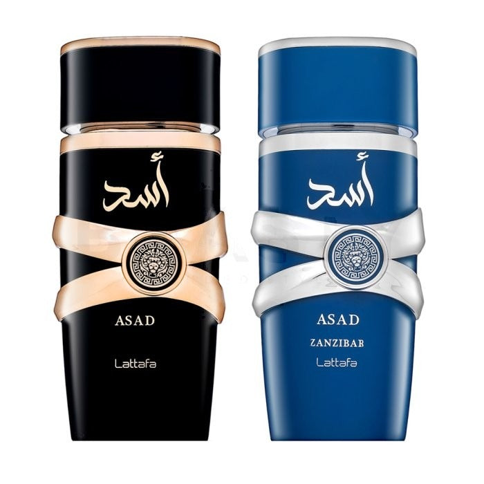 Caixa de presente Lattafa com perfumes Asad: Asad EDP 100 ml e Asad Zanzibar EDP 100 ml e 200 ml. 