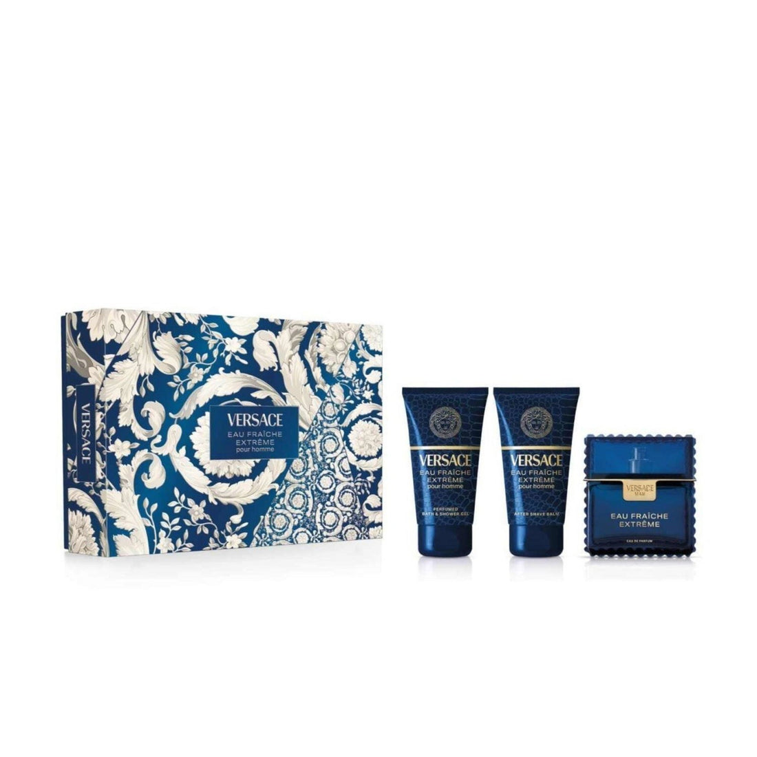 기프트 세트 Versace Man Eau Fraiche Extreme EDP 50 ml, 샤워 젤 50 ml 및 애프터셰이브 밤 50 ml 