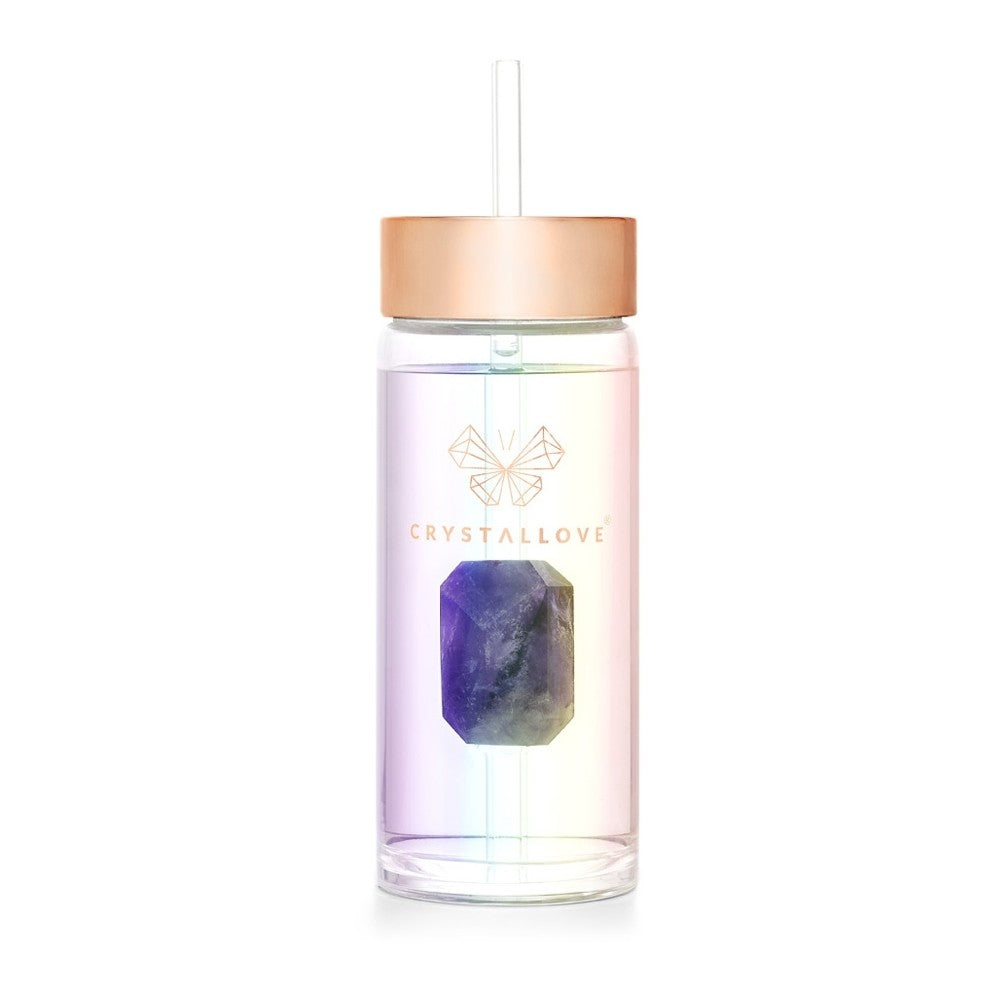 Crystallove Clear Quartz Straw Water Bottle vannflaske i glass med sugerør Hologram - Amethyst 400 ml 