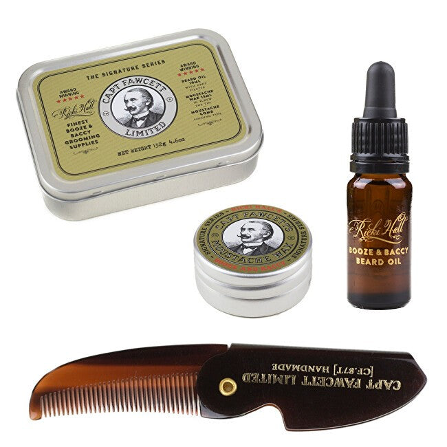 Captain Fawcett Cutie cadou Ricki Hall (pentru barbă) pentru bărbați ulei de barbă 10 ml + ceară pentru mustață 15 ml + pieptene pentru mustață pliabil 1 buc