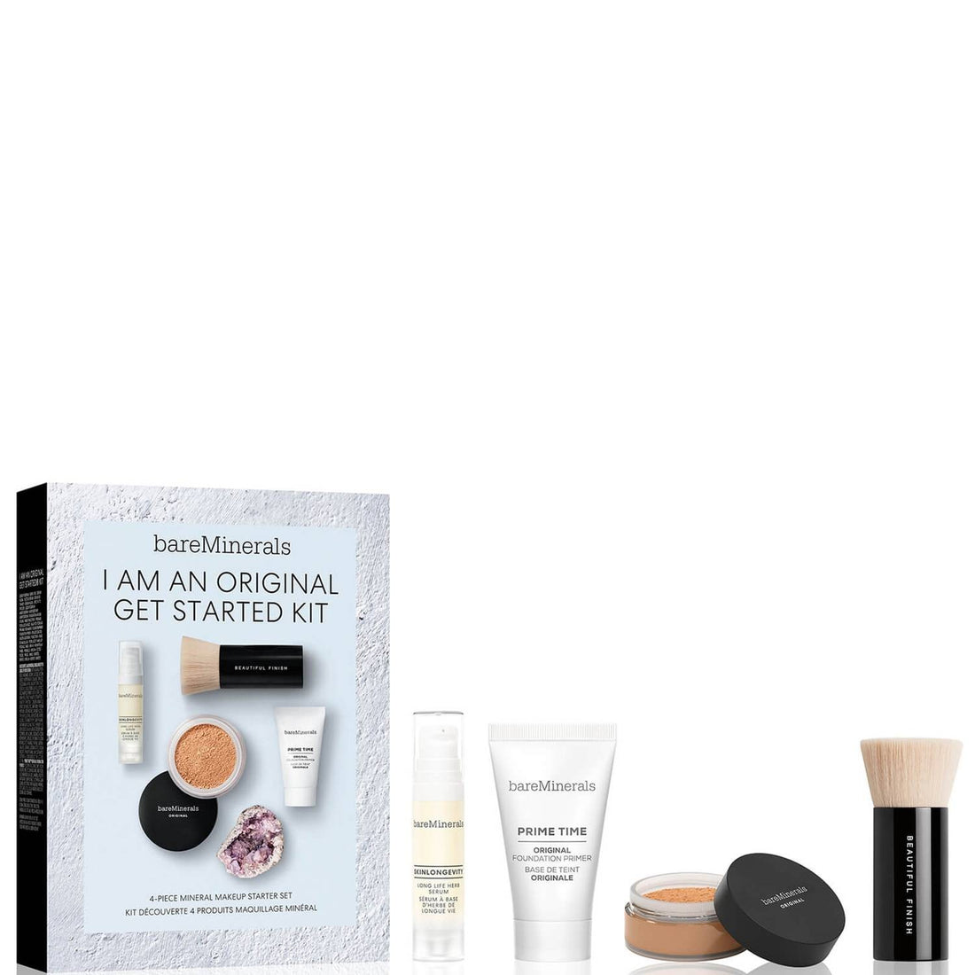 Jestem oryginalnym zestawem BareMinerals:Prime Time Vitamin E Smooth Wear Primer Foundation Golden Tan 15 ml + Oryginalny podkład w płynie SPF 15 2 g + Mineralny puder utrwalający Golden Tan 2 g