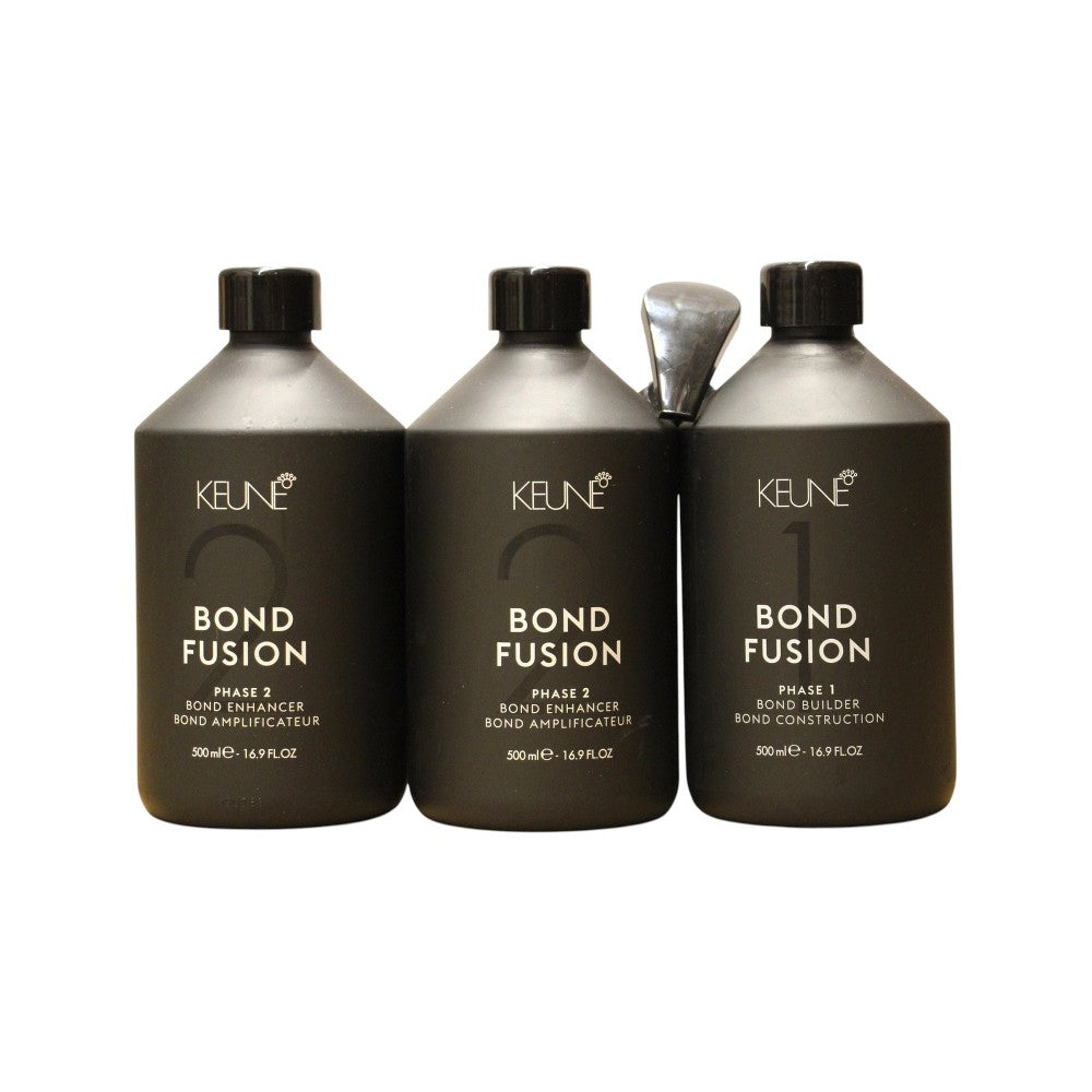 Набор Keune: Фаза слияния облигаций 1 Maschera для лечения волос 500 мл + Bond Fusion Phase 2 Maschera Bond Enhancer 500 мл + пластиковый мерный стакан
