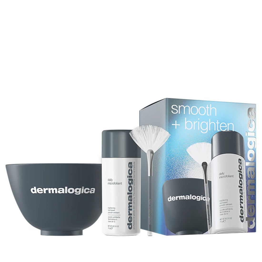 סט החלקה + מאיר Dermalogica: אבקת פילינג מיקרו-סקרוב יומית 74 גרם + מברשת רב פנים מאווררת Maschera + קערה Dermalogica צבע פלסטיק ערבוב אפור