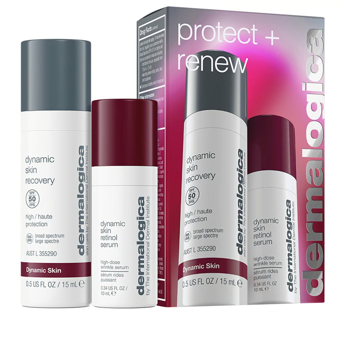 הגנה + חידוש סט Dermalogica: סרום דינמי רטינול נגד קמטים לפנים 10 מ"ל + סרום דינמי רטינול נגד קמטים לפנים SPF 50 15 מ"ל