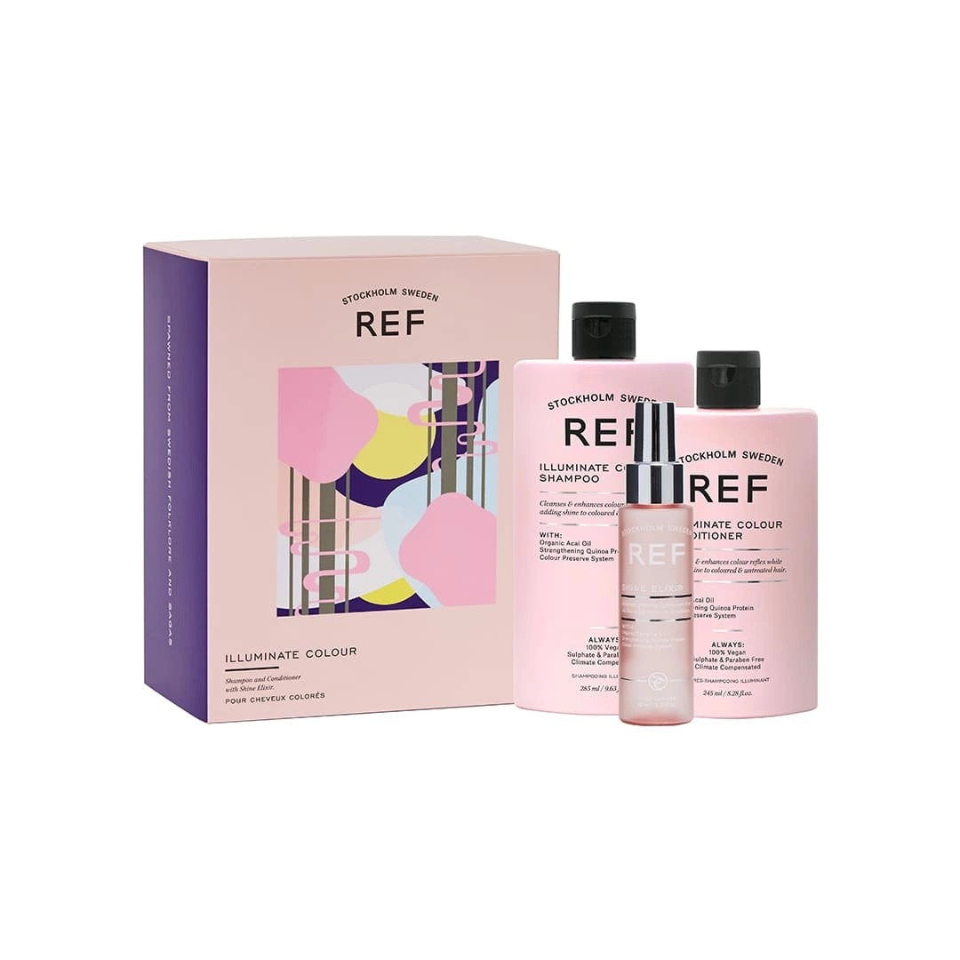 ギフトセット Ref Stockholm: 髪を強化する硫酸塩フリーのイルミネーティングシャンプー 285 ml + 髪に栄養を与え、トーンを改善する硫酸塩フリーのイルミネーティングコンディショナー 245 ml + 髪を柔らかくするシャイニーエリクサー 80 ml