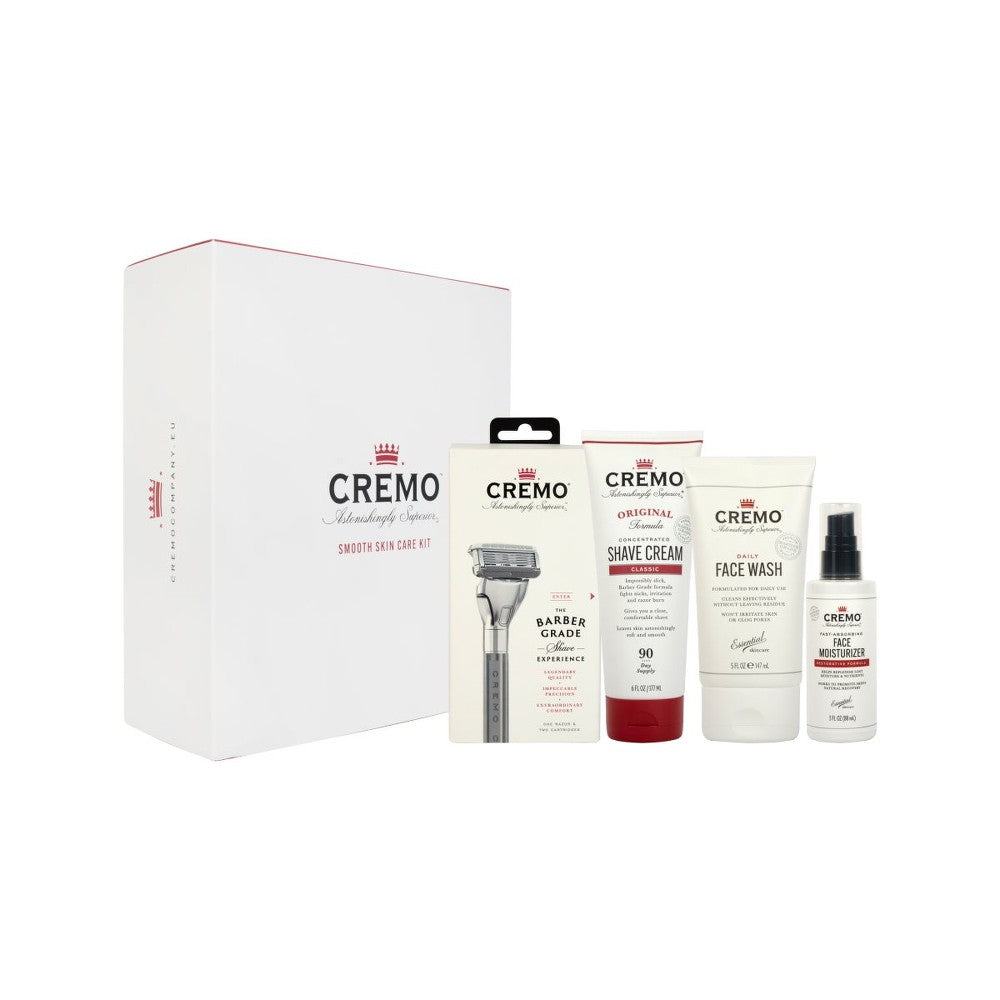 Cremo ערכת מתנה לטיפוח עור חלק לגברים סכין גילוח + קרם גילוח 177 מ"ל + סבון ניקוי פנים לגברים 147 מ"ל + קרם לחות מחדש 88 מ"ל