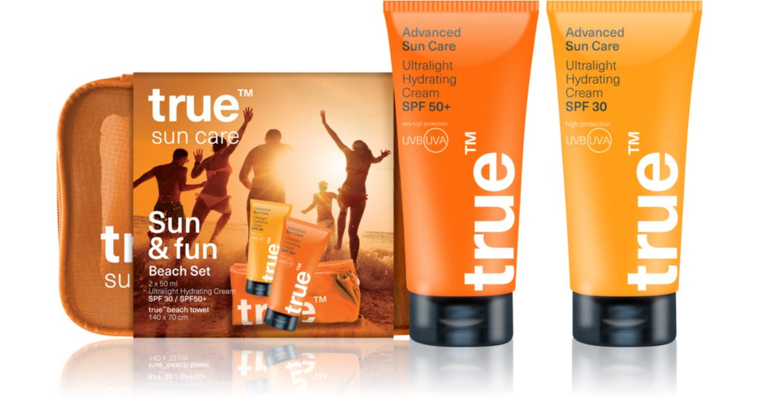 true men skin care Sun Care Beach &amp; Fun Zestaw upominkowy ochronny krem nawilżający SPF 30 50 ml + nawilżający krem pod oczy SPF 50+ 50 ml + kosmetyczka 1 szt. + szybkoschnący ręcznik 1 szt.