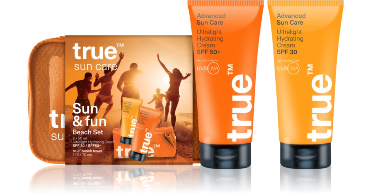 true men skin care Sun Care Beach &amp; Fun Geschenkset schützende Feuchtigkeitscreme LSF 30 50 ml + feuchtigkeitsspendende Augencreme LSF 50+ 50 ml + Beauty Case 1 Stk. + schnell trocknendes Handtuch 1 Stk