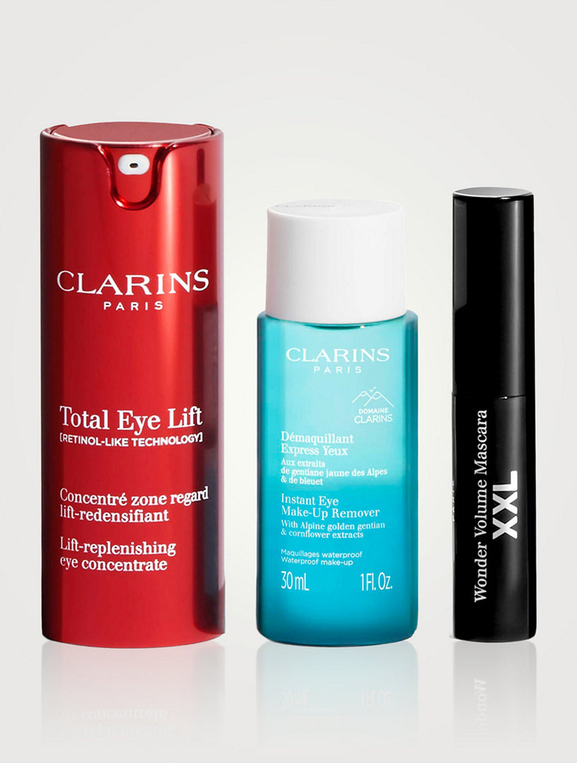 Set Clarins: Total Eye, Lift, Day, Siero contorno occhi, 15 ml + Instant Eye, Lozione struccante, 30 ml + Wonder Volume,