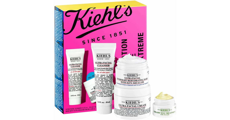 Kiehl's Zestaw upominkowy Ultra Facial dla kobiet 24-godzinny nawilżacz do twarzy 50 ml + Delikatny żel oczyszczający do każdego rodzaju skóry 30 ml + Awokado Eye Contour 7 ml +  Maschera krem nawilżający na noc 28 ml