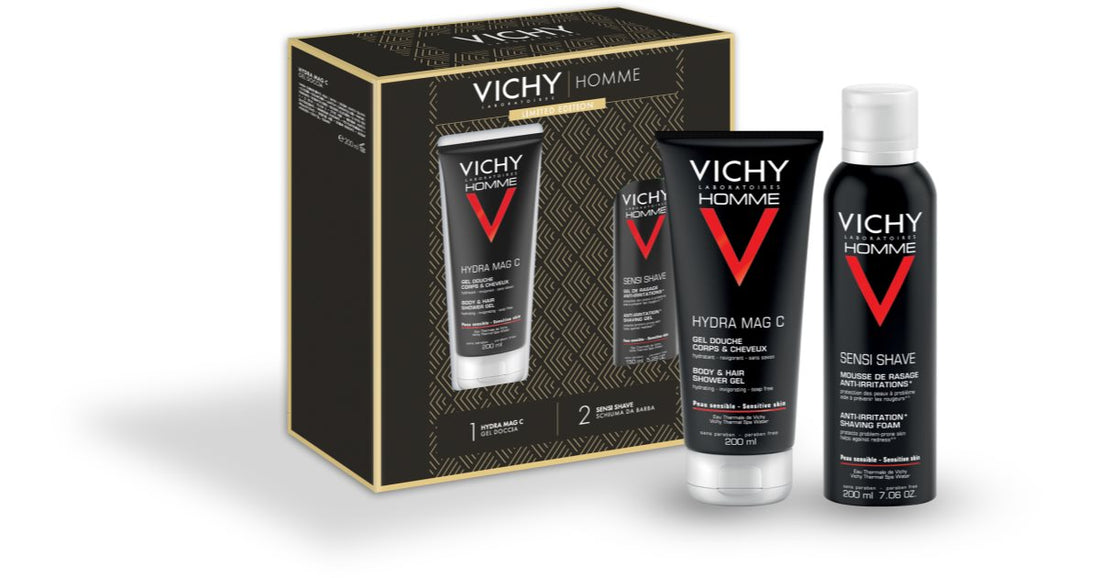 Vichy علبة هدايا رجالية جل استحمام للرجال للجسم والشعر 200 مل + رغوة حلاقة للبشرة الحساسة والمتهيجة 200 مل