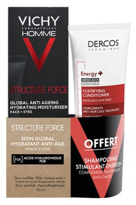 Vichy Uomo Structure Force kokonaisvaltainen kosteutushoito 50 ml + Dercos Energy+ Shampoo 50 ml — Miesten setti