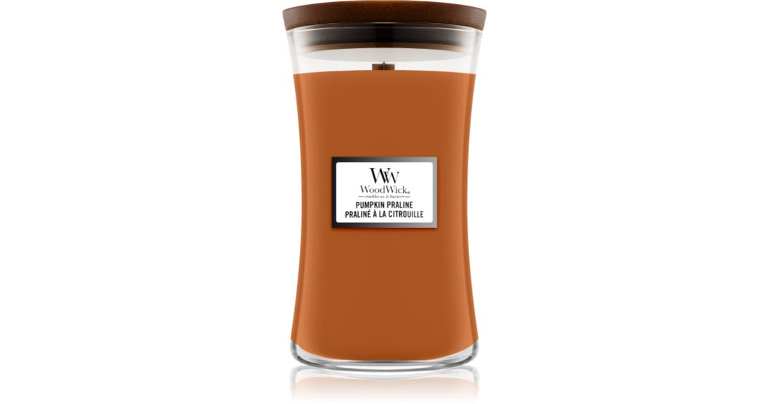 Woodwick Pumpkin Praline candela profumata con stoppino in legno 610 g