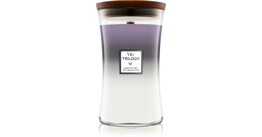 Woodwick Trilogy Αρωματικό κερί Amethyst Sky με ξύλινο φυτίλι 609,5 γρ