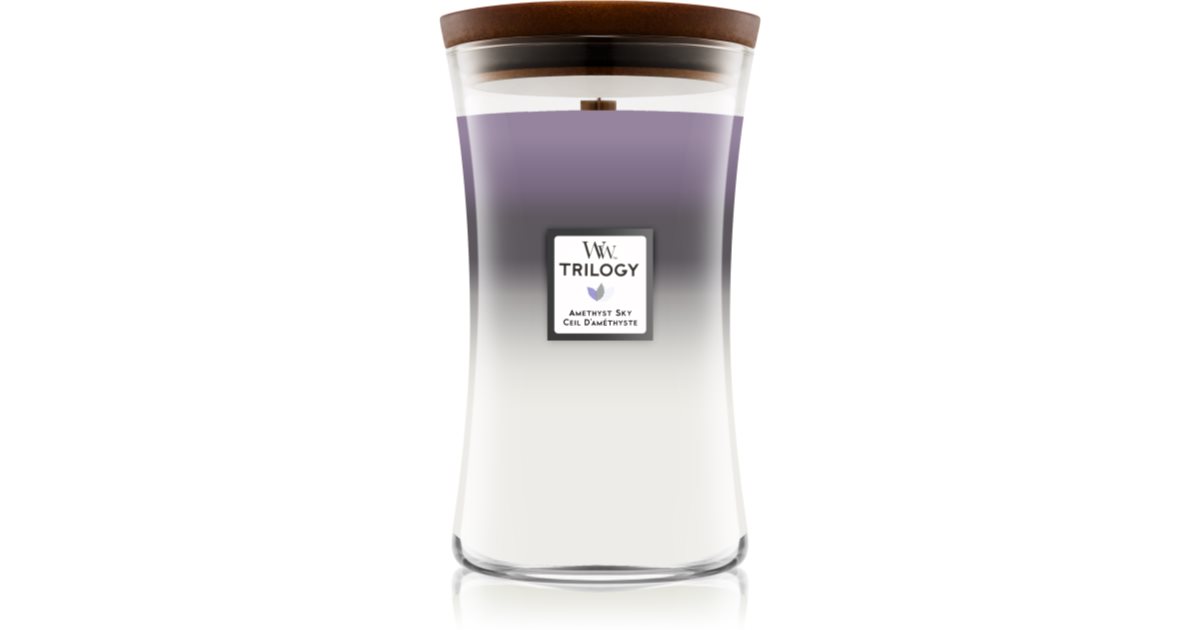 Woodwick Trilogy Amethyst Sky tuoksukynttilä puisella sydämellä 609,5 g