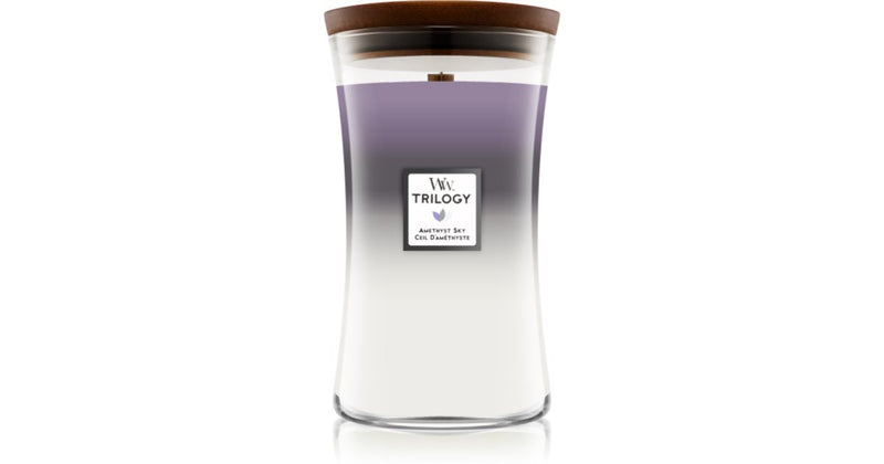 Woodwick Trilogy Vela perfumada Amethyst Sky com pavio de madeira 609,5 g