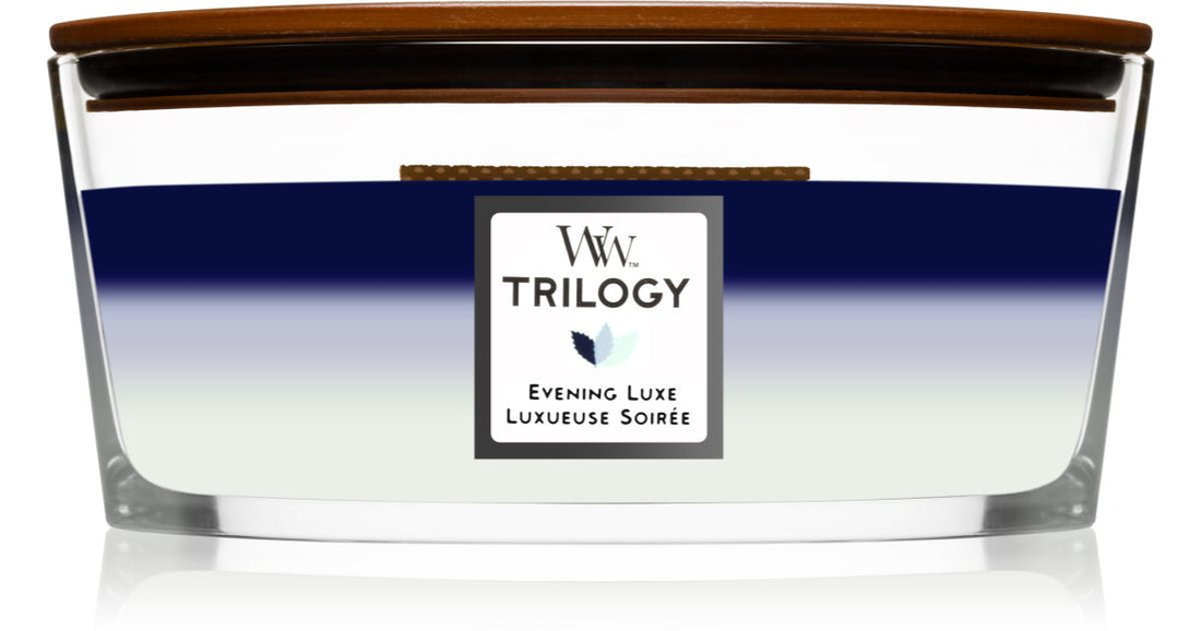 Woodwick Trilogy شمعة معطرة مسائية فاخرة مع فتيل خشبي (هيرثويك) 16 أونصة