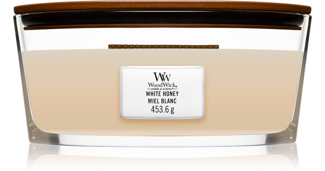 Woodwick White Honey candela profumata con stoppino in legno (hearthwick) 453 g