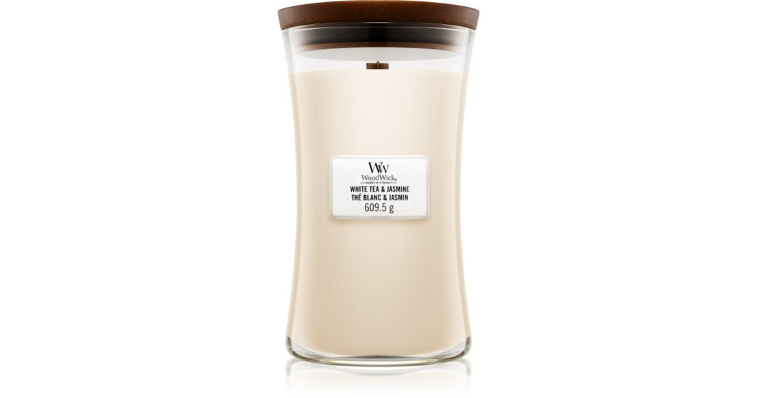 Woodwick White Tea &amp; Jasmine candela profumata con stoppino in legno 609.5 g