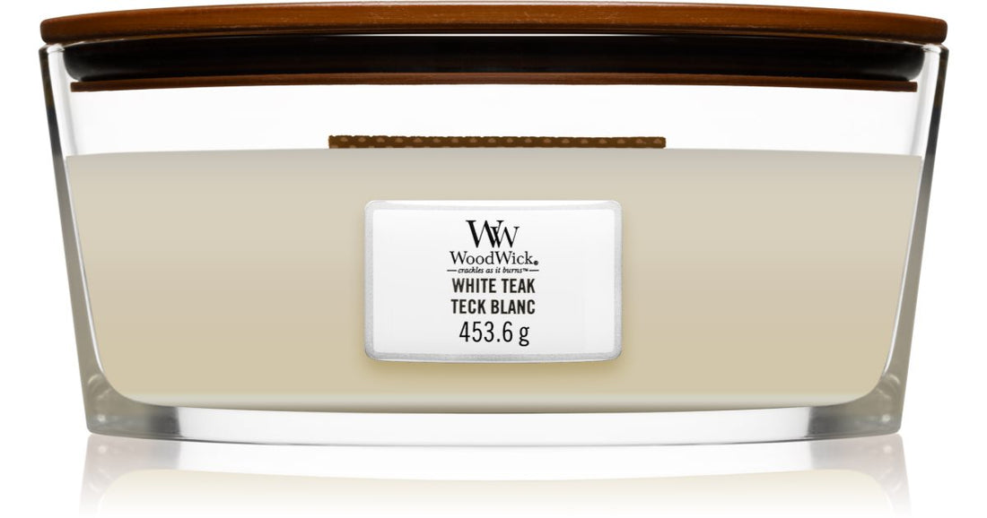 Woodwick Vonná svíčka White Teak s dřevěným knotem (heartwick) 453,6 g