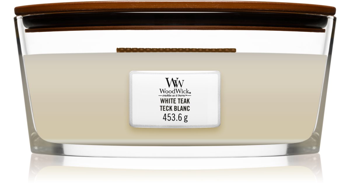 Woodwick Hvid teak duftlys med trævæge (hearthwick) 453,6 g